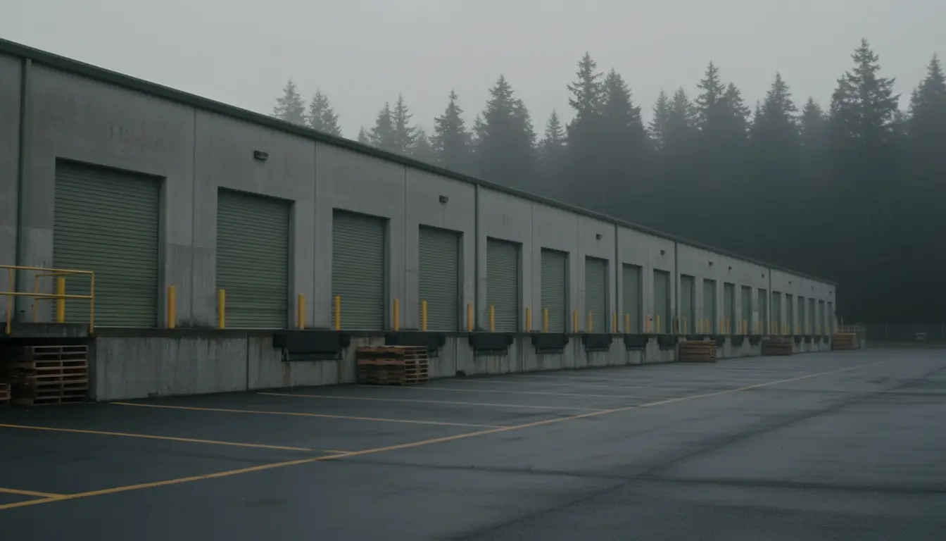 A Washington distribution warehouse loading dock on a grey morning, bay doors closed, empty.