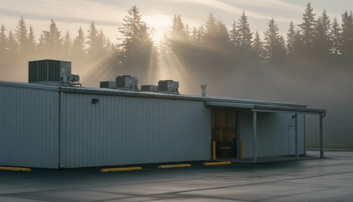 A modest Washington food-processing plant exterior at first light, covered receiving bay, empty.